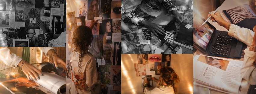 Moodboard editorial com referências visuais em cores e preto e branco